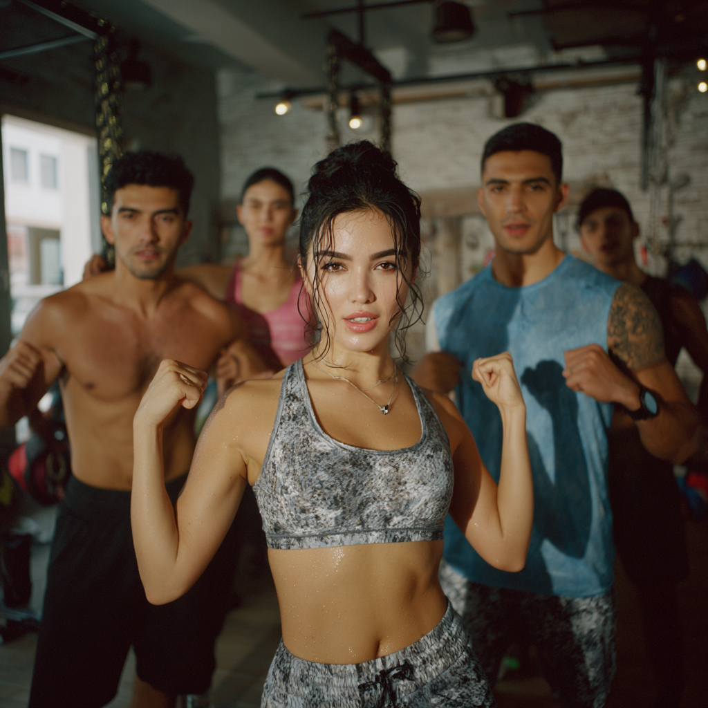 Professional fitnes mashg'ulotida ishtirok etayotgan turli yoshdagi o'zbek erkak va ayollar, tabassum bilan mashq qilmoqdalar